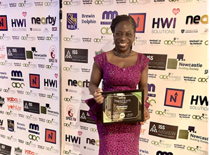 Image of Ola Tony-Obot pictured here at the 2025 Asian Business Connexions Awards in Newcastle after receiving her award in the inclusion category for her outstanding work bringing Sunderland’s communities together.
